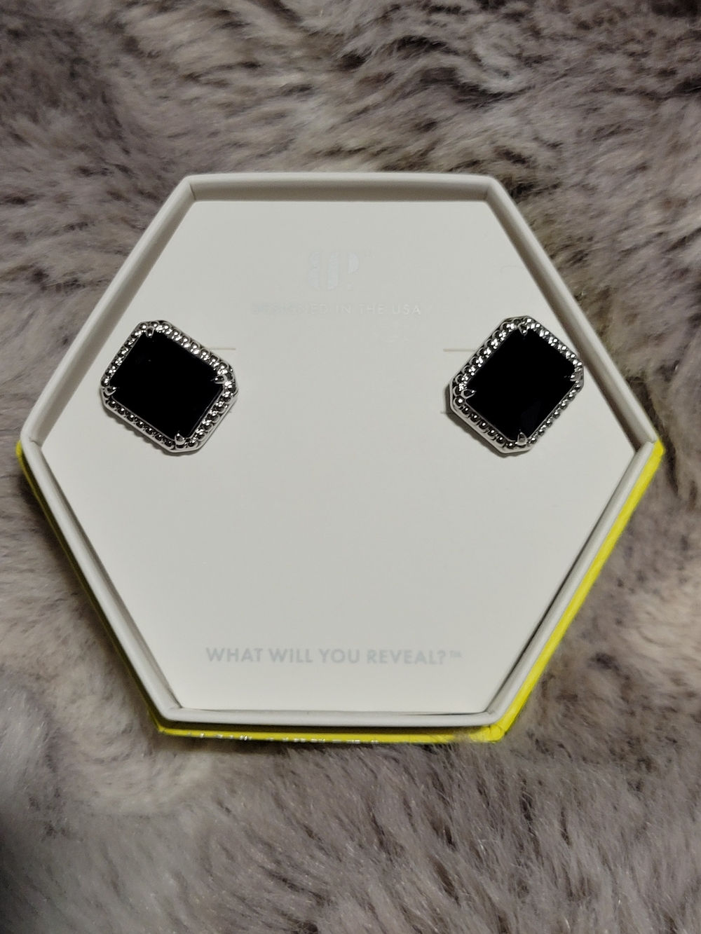 Black Square Stud Earrings with Silver Beaded Edge - Women Jewelry